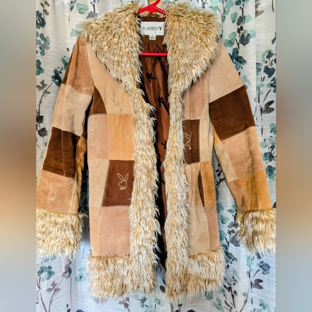 Women’s Patchwork Suede Coat with Faux Fur Trim - Taupe & Brown - Picture 7 of 12